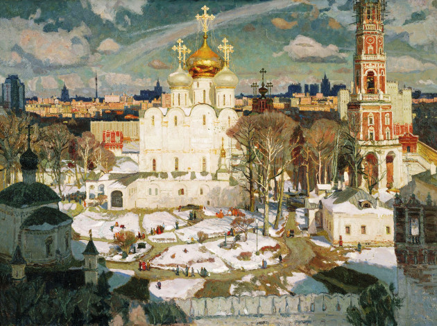 Обои картинки фото воскресенье - павлова оксана, рисованное, живопись, облака, церкви, небо, панорама, люди, храмы