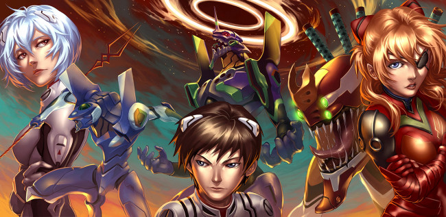 Обои картинки фото аниме, evangelion, eva, rei, девушка, парень, langley, asuka, ayanami, ikari, shinji, икари, рей, меха, аска, робот