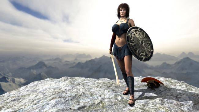 Обои картинки фото 3д графика, амазонки , amazon, девушка, фон, взгляд, щит, меч, униформа, амазонка