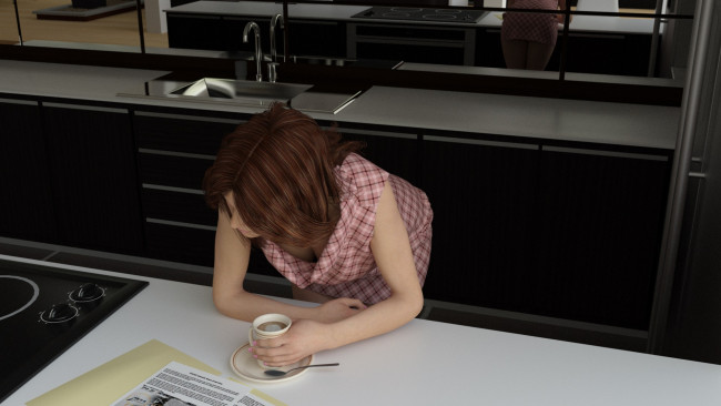 Обои картинки фото 3д графика, люди , people, стол, фон, взгляд, девушка