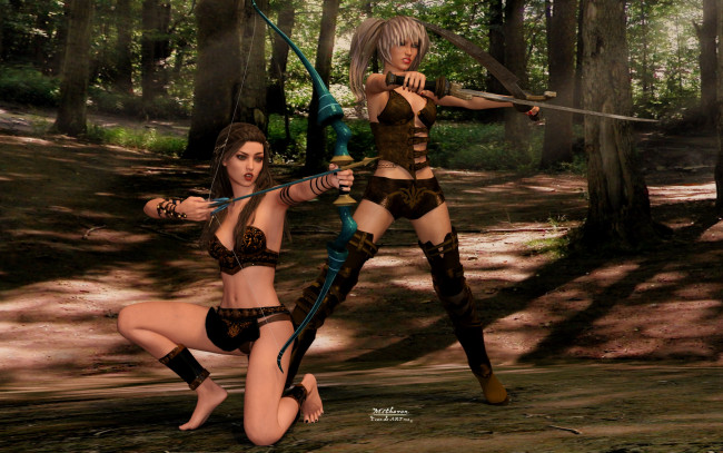 Обои картинки фото 3д графика, амазонки , amazon, оружие, взгляд, фон, девушки