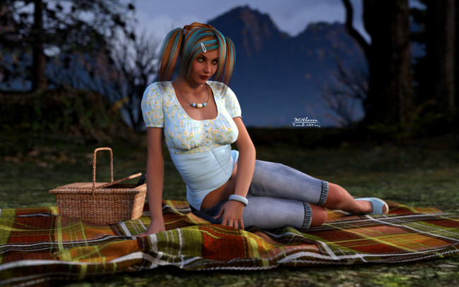 Обои картинки фото 3д графика, люди , people, девушка, взгляд, фон, корзина, горы