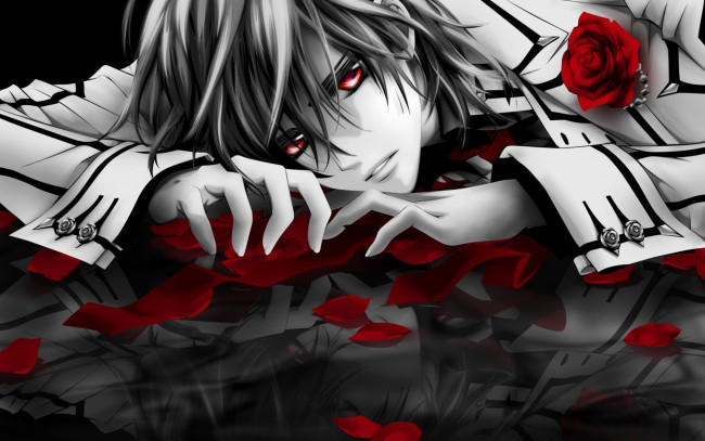 Обои картинки фото аниме, vampire knight, kuran, kaname, красные, глаза, рыцарь-вампир, отражение, поверхность, лепестки, чистокровный, монохромное, вампир, vampire, knight, арт, куран, канаме, розы