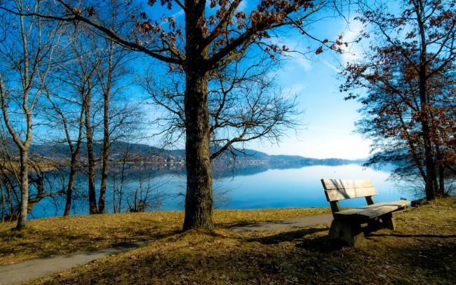 Обои картинки фото природа, реки, озера, лавочка, деревья, тропинка, берега, река, осень