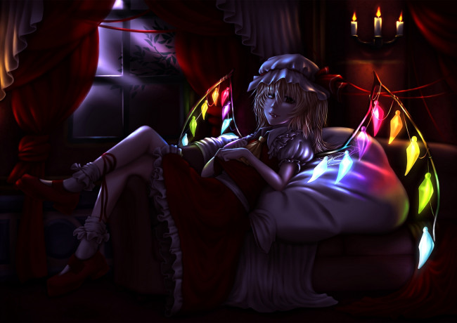 Обои картинки фото аниме, touhou, flandre, scarlet, девушка, chain, csn, mochi, арт, чепчик, кристаллы, крылья, ночь