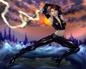 Картинка рисованное комиксы девушка униформа фон меч латекс