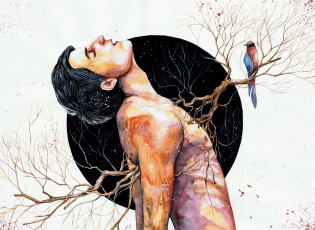 Картинка рисованное люди птица ветка фон мужчина