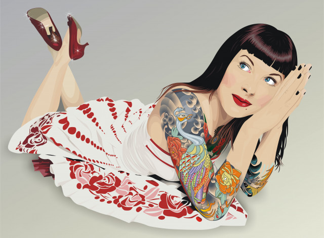 Обои картинки фото рисованное, люди, взгляд, тату, фон, девушка