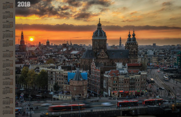 Картинка календари города здание 2018 транспорт закат автобус облака