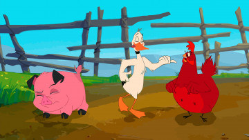 обоя мультфильмы, home on the range, танец, гусь, поросенок, курица
