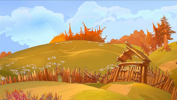 Картинка рисованное природа ворота забор деревья