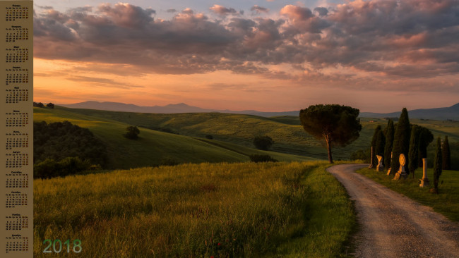 Обои картинки фото календари, природа, 2018, растения, облака, деревья, дорога