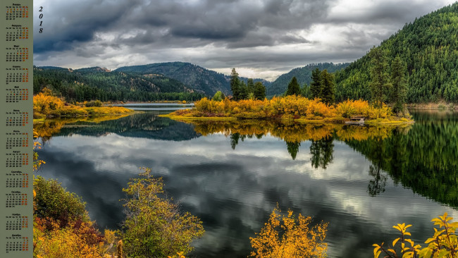 Обои картинки фото календари, природа, облака, гора, деревья, водоем, 2018
