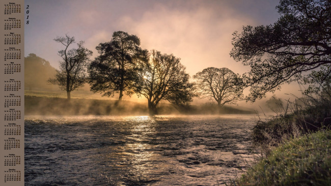 Обои картинки фото календари, природа, туман, деревья, водоем, 2018