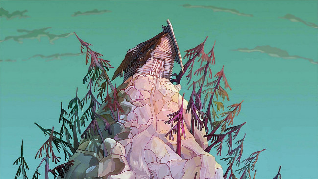 Обои картинки фото рисованное, города, деревья, дом, холм