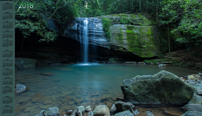 Обои картинки фото календари, природа, 2018, растения, камни, водопад