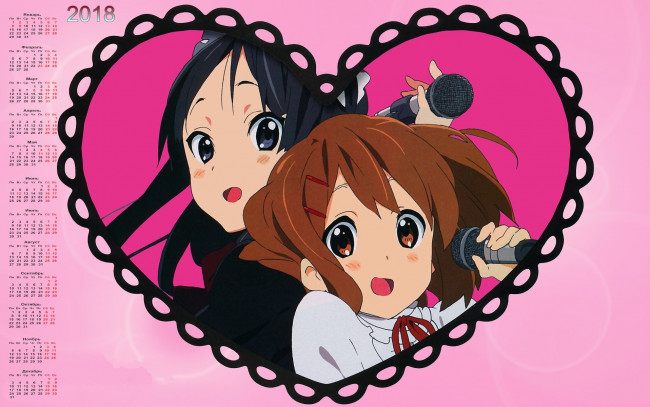 Обои картинки фото календари, аниме, девочка, 2018, сердце, двое, микрофон