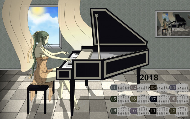 Обои картинки фото календари, рисованные,  векторная графика, картина, пианино, девушка, окно, 2018