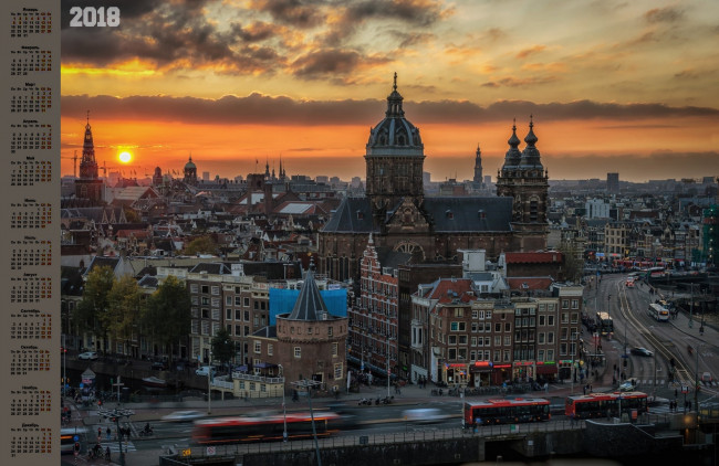 Обои картинки фото календари, города, здание, 2018, транспорт, закат, автобус, облака