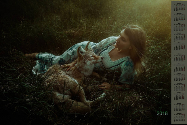 Обои картинки фото календари, девушки, лиса, трава, профиль, 2018