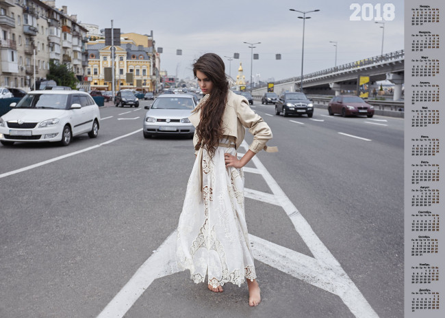 Обои картинки фото календари, девушки, мост, дом, машина, 2018
