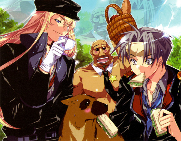 Обои картинки фото видео игры, absolute obedience, чашка, собака, галлахер, морлок, киа, велбехенна, луиз, хардвич, бутерброды