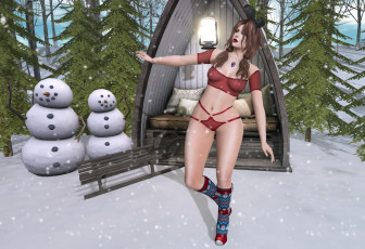 Картинка 3д+графика люди+ people девушка белье санки снеговики снег лес избушка