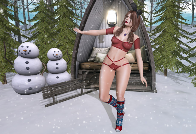 Обои картинки фото 3д графика, люди , people, девушка, белье, санки, снеговики, снег, лес, избушка