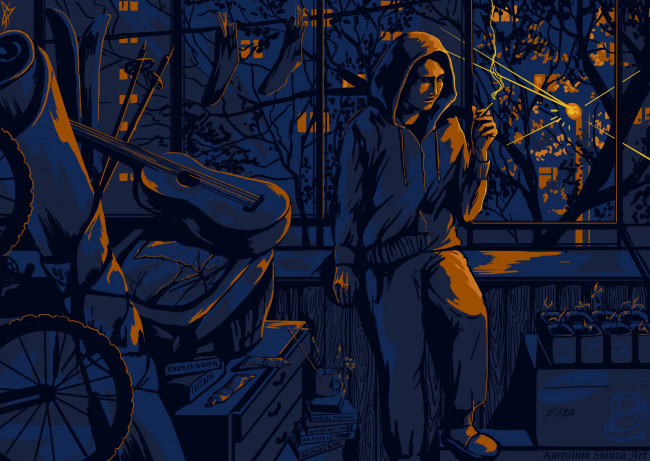 Обои картинки фото рисованное, люди, человек, вечер, сигарета, балкон, хлам