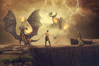 Картинка фэнтези фотоарт девушка мужчина дракон молния топор