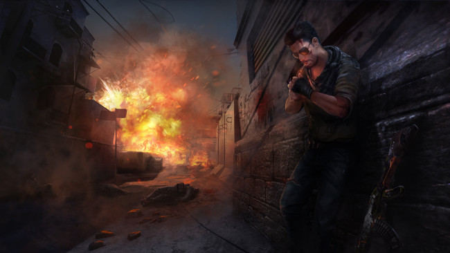 Обои картинки фото standoff 2, видео игры, ---другое, мужчина, фон, пожар, очки