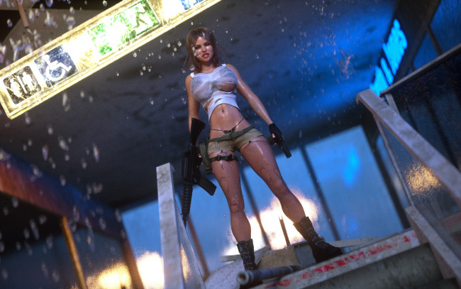 Обои картинки фото 3д графика, люди , people, девушка, фон, автомат, пистолет, взгляд