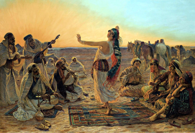 Обои картинки фото рисованное, otto pilny, люди, танец, пустыня, лошади