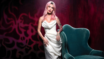 Картинка девушки megan+fox розовые волосы платье тату кресло