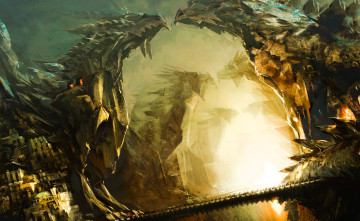 обоя видео игры, guild wars 2, драконы, город, мост, свет