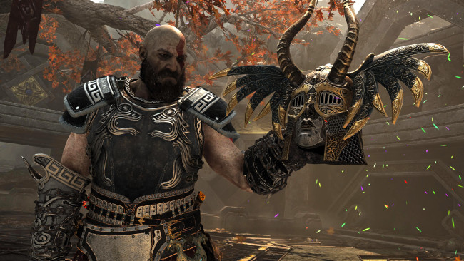 Обои картинки фото видео игры, god of war,  ragnarok, кратос, доспехи, голова, шлем, площадка, деревья, осень