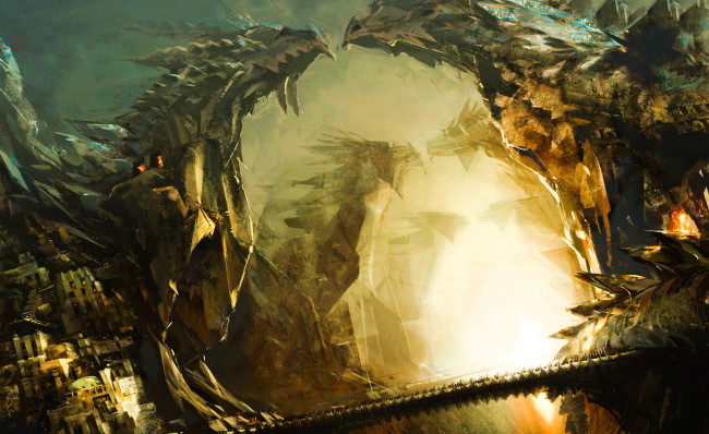 Обои картинки фото видео игры, guild wars 2, драконы, город, мост, свет