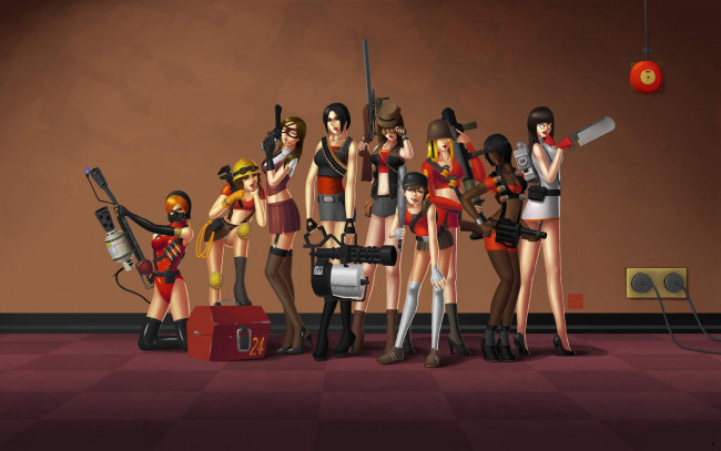 Обои картинки фото team, fortress, 3д, графика, people, люди, девушки, оружие