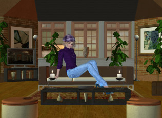 Картинка 3д+графика people+ люди свечи диван растения девушка