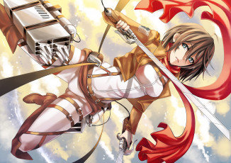 Картинка аниме shingeki+no+kyojin девушка ackerman mikasa прыжок шарф мечи