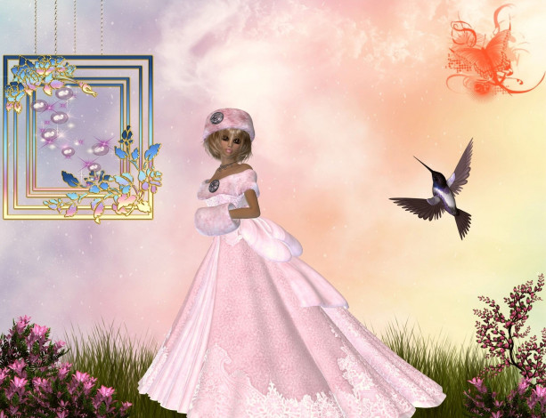 Обои картинки фото 3д графика, people , люди, колибри, девушка