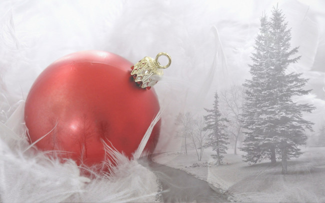 Обои картинки фото разное, компьютерный дизайн, ели, река, природа, деревья, новый, год, зима, шарик