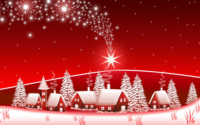 Обои картинки фото праздничные, векторная графика , новый год, дома, ели