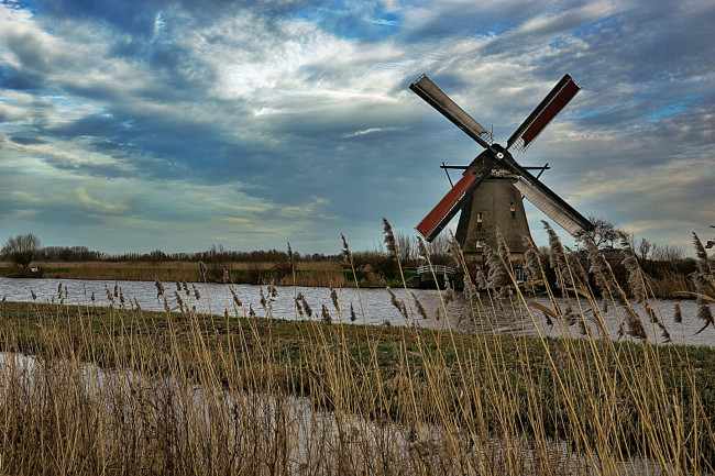 Обои картинки фото разное, мельницы, ветряк, мельница, тростник, река