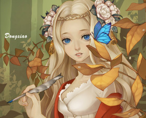 Картинка dong+xiao аниме unknown +другое бабочка перо девочка dong xiao арт листья цветы