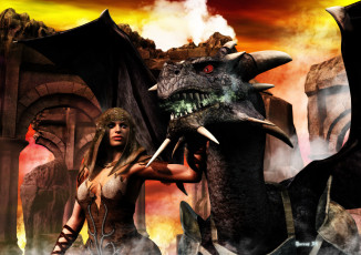 Картинка 3д+графика фантазия+ fantasy дракон фон взгляд девушка