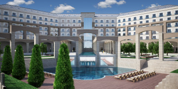 Картинка 3д+графика архитектура+ architecture облака небо дом деревья шезлонги бассейн