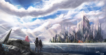 Картинка аниме mahou+shoujo+madoka+magika арт riburanomind облака пейзаж город лучи озеро цветы небо парень девушка