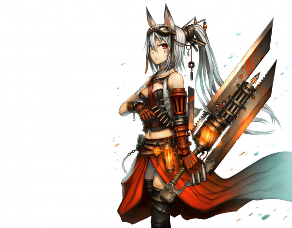 Обои картинки фото аниме, pixiv fantasia, pixiv, fantasia, gia, арт, девушка, ушки, оружие, доспехи, взгляд, белый, фон