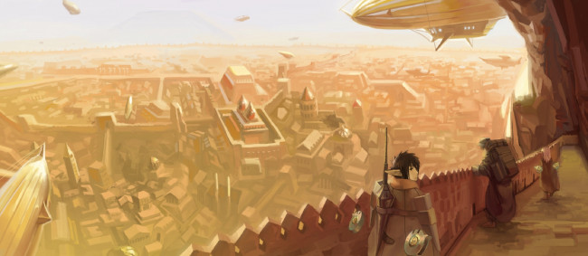 Обои картинки фото аниме, pixiv fantasia, арт, rai32019, город, парень, эльф, транспорт, fantasia, pixiv